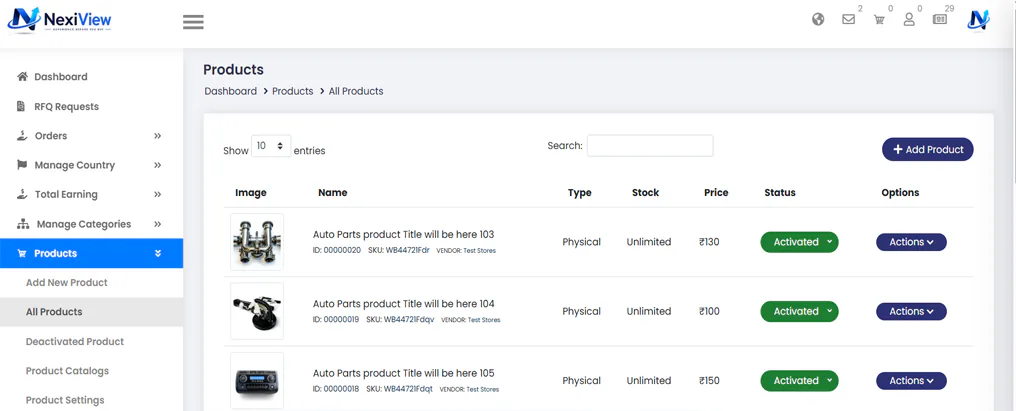 NexiView dashboard and workflow screen
